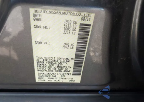 2015 Nissan Altima 2.5 S z USA, uszkodzony, nr VIN 1N4AL3AP2FC154702